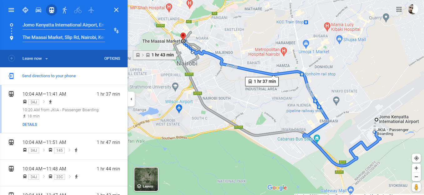 Mappa dell'aeroporto internazionale Jomo Kenyatta al centro città di Nairobi